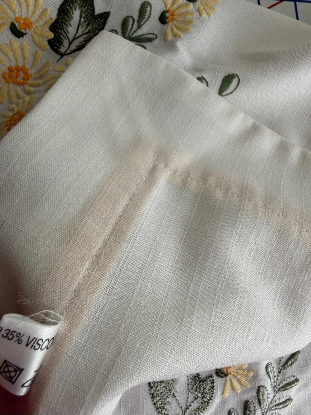 Embroidered Daisy Tablecloth 33” Square Linen Look Yellow Green Floral